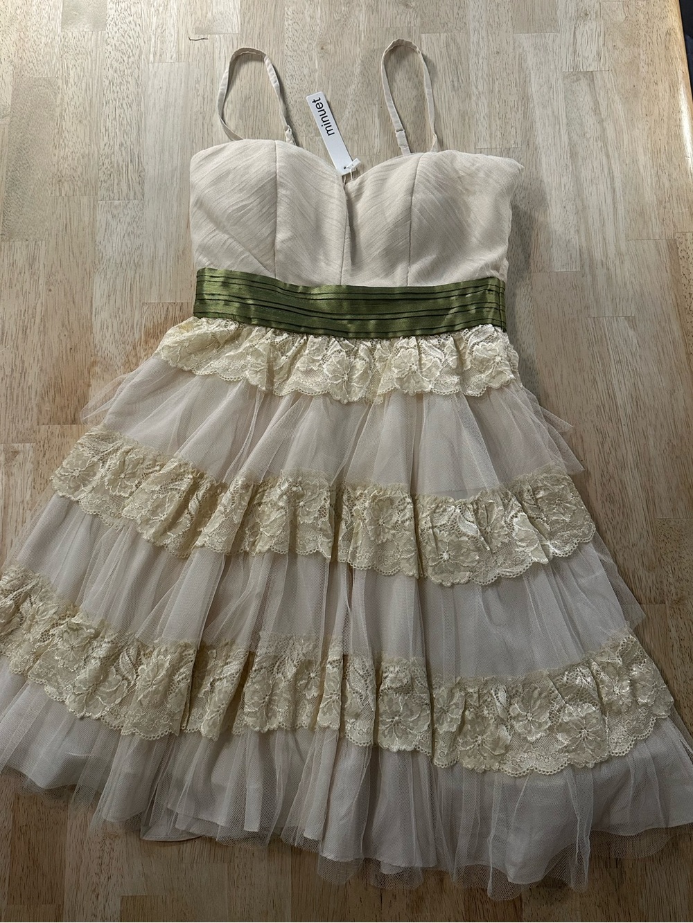 Minuet Petite Cream Lace Mini Dress with Olive Waistband